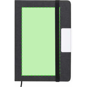 A black notebook featuring a green stitched border and an elastic band, with a card slot on the cover.