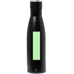 A drink bottle in black with a green panel, featuring a logo on the surface.