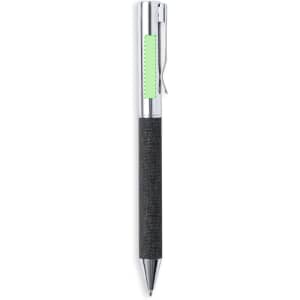 A black pen with a textured grip and a chrome clip, featuring a small green accent and a logo.