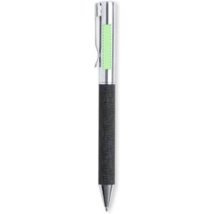 A black and silver pen featuring a textured grip and a branding area on its body.