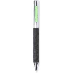 A black pen with a chrome tip and a green accent. The design features a textured grip for comfort.