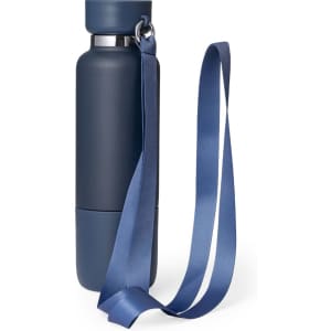 A drink bottle in navy blue with a matching strap and a sleek, insulated design. It features a logo.