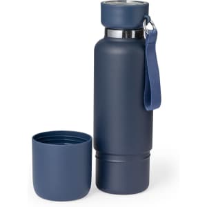 A drink bottle in dark navy blue, featuring a detachable cup and a carrying strap. It has a logo on the bottle.