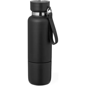 A drink bottle in matte black with a sleek design, featuring a carrying strap and a logo.