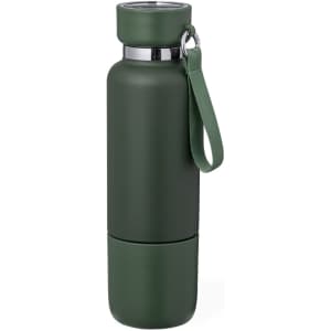 A drink bottle in matte green, featuring a secure lid and a carrying strap, with a metallic accent.
