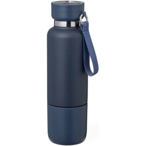 A drink bottle in a dark blue colour with a sleek design, featuring a strap and a metal accent.