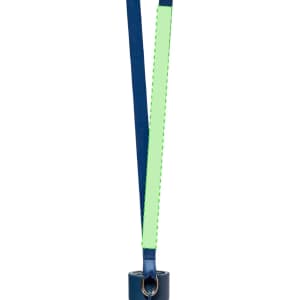 A drink bottle with a navy blue lanyard featuring a bright green accent and a metal attachment ring.