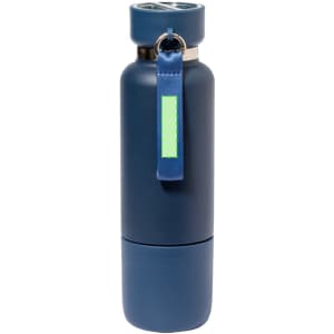 A drink bottle in navy blue with a silver lid and a blue tag, featuring a logo on the body.