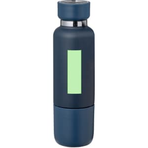 A drink bottle featuring a sleek navy design with a matte finish and a light green accent. It has a logo.
