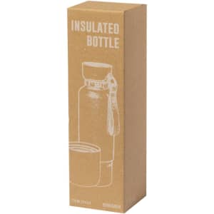 A drink bottle in a cardboard box, featuring an insulated design and a lid. The packaging includes a logo.