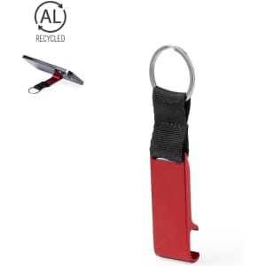 A red keyring holder with a black strap and a circular metal ring, featuring a logo.