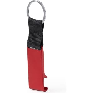 A red Fique Holder Keyring with a black strap and metal keyring attachment. It features a sleek, minimalist design.