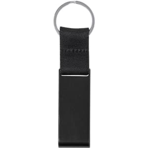 A black keyring with a textured strap and a silver keyring attachment at the top.