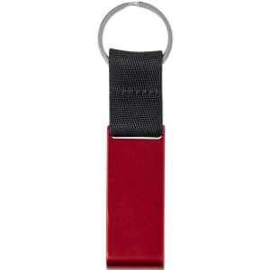 A red Fique Holder Keyring with a black fabric loop and a metal ring for attaching keys.