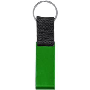 A green metal keyring with a black fabric strap and a metal ring for attachment.