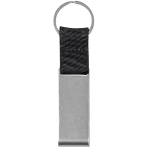 A metallic keyring with a black fabric holder. It features a circular attachment for keys.