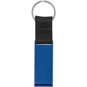 A blue keyring with a black fabric strap and a silver metal ring, featuring a branding logo.