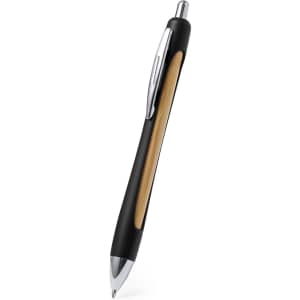 A wooden pen with a black barrel and chrome accents, featuring a central wooden section and a clip.