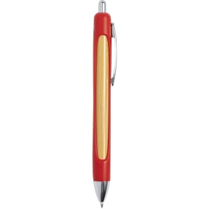 A red pen with a wooden centre and chrome accents. It features a clip and a logo.