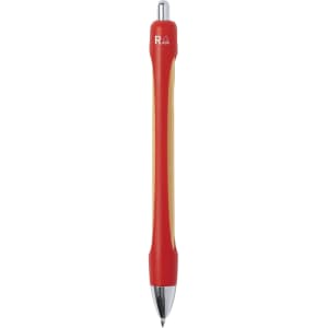 A red and yellow wooden pen featuring a logo on the barrel.