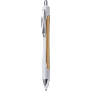 A wooden pen featuring a white barrel and bamboo detailing, with a chrome clip and tip. The pen has a sleek design.