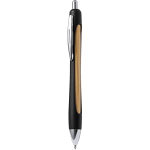 A wooden pen with a sleek black barrel and a chrome clip, featuring a natural wood accent. It has a logo on the barrel.