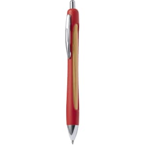 A wooden pen with a shiny red and silver design, featuring a chrome clip and a smooth surface.