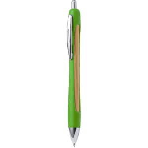 A green pen with a wooden accent and chrome details, featuring a clip and retractable tip.