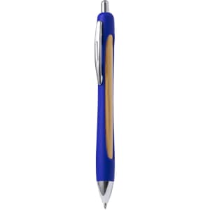 A blue and wooden pen with chrome accents and a logo on the barrel.