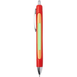 A red and wooden pen with a silver tip and a clear section, featuring a logo.