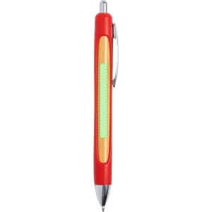 A red and wooden pen with a green accent and metallic clip, featuring a logo on its body.