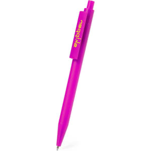 A pink plastic pen with a clip and a logo, designed for writing purposes.