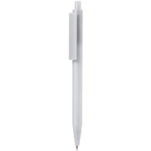 A white plastic pen with a clip and a smooth, sleek design. The pen has a logo on its body.