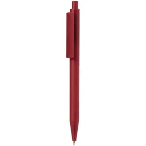 A red plastic pen with a clip and a pointed tip, featuring a simple design and a logo.
