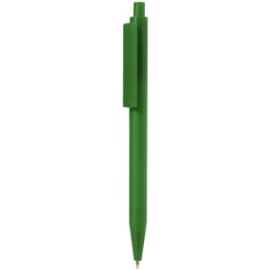 A green plastic pen with a clip and retractable tip, featuring a simple design and no visible branding.