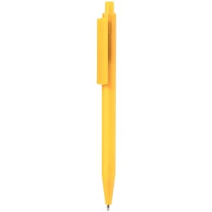 A yellow plastic pen with a clip and a rounded tip, featuring a logo on the side.