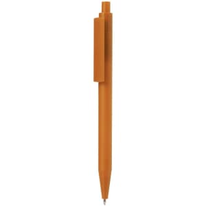 An orange plastic pen featuring a clip and a clear writing tip. It includes a branding logo.