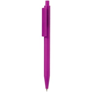 A pink plastic pen with a clip, featuring a sleek design and a translucent finish.