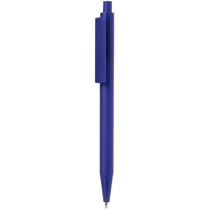 A blue plastic pen with a clip and a sleek design. It features a branding logo on the side.