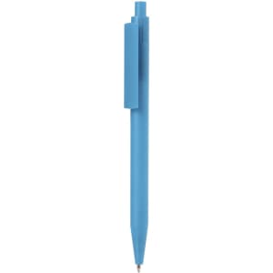 A blue plastic pen with a clip and a sleek design. The pen features a branding logo.