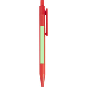 A red plastic pen with a green accent and a clip, featuring a smooth, tapered design.