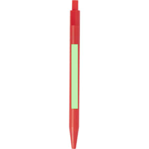 A red plastic pen with a green section for branding or personalisation. It has a smooth, tapered design.