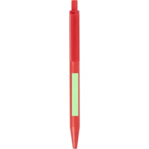 A red plastic pen with a green accent area and a branding logo on it.