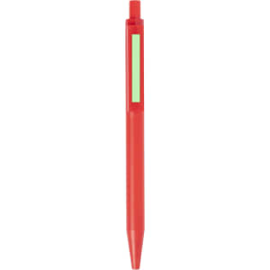 A red plastic pen with a small rectangular area, featuring a logo, designed for writing.