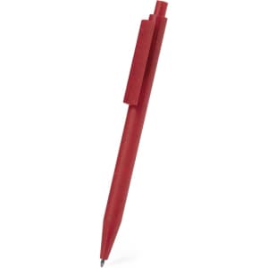 A red plastic pen featuring a sleek design and a branding logo on the body.