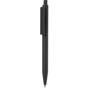 A black plastic pen with a clip and a pointed tip, featuring a simple design and a logo.