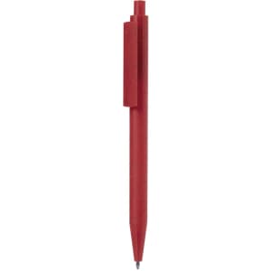 A red plastic pen with a clip and a tapered end, featuring a simple design and branding.