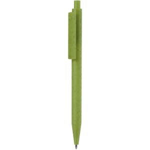 A green plastic pen with a clip and a logo. The pen is designed for writing and promotional use.