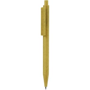 A yellow plastic pen with a sleek design and a clip, featuring a branding logo.