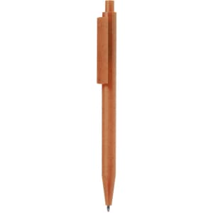 An orange plastic pen with a sleek design and a clip. The pen has a branding logo.